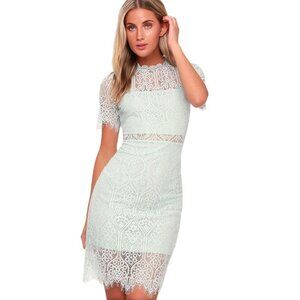 NWT Lulus Mint Blue Sheer Lace Office Siren Shortsleeve Mini Dress M Bodycon